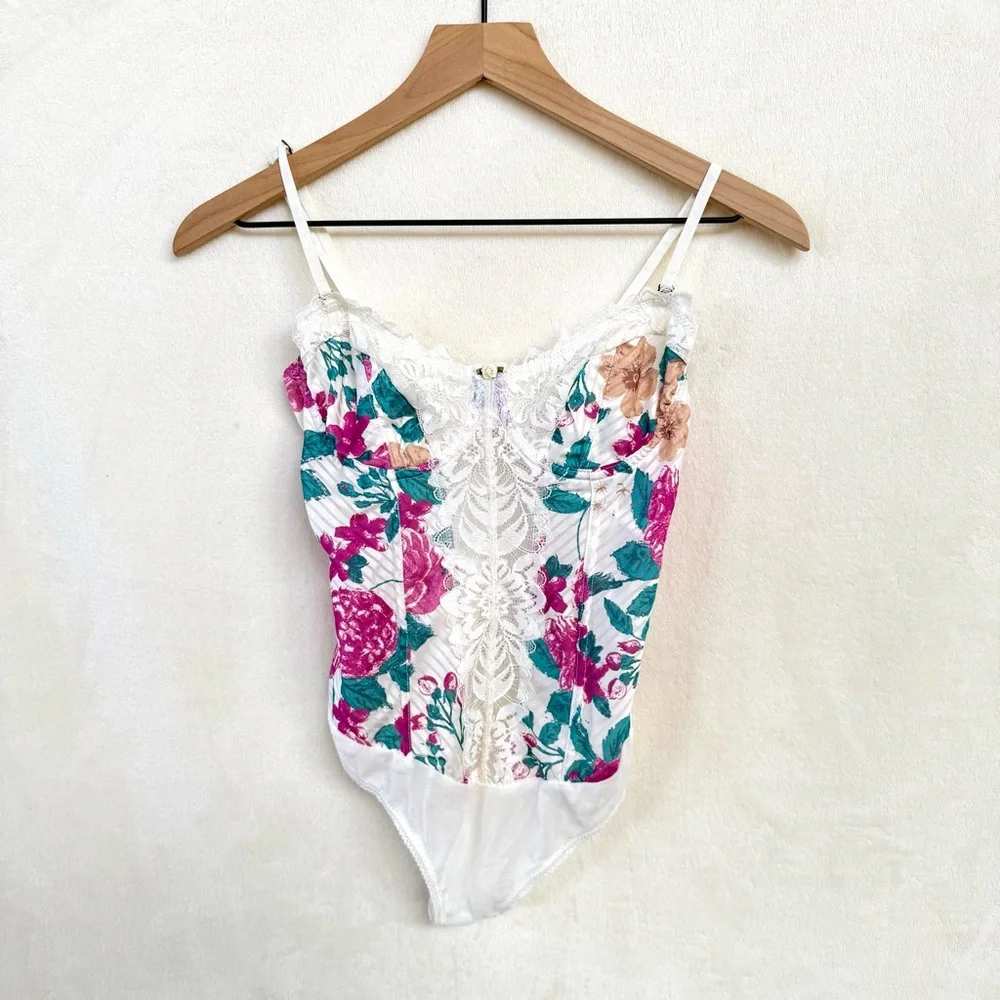 NWOT Free People Good Luck Charm Floral Printed Thong Bodysuit w/ Lace in White